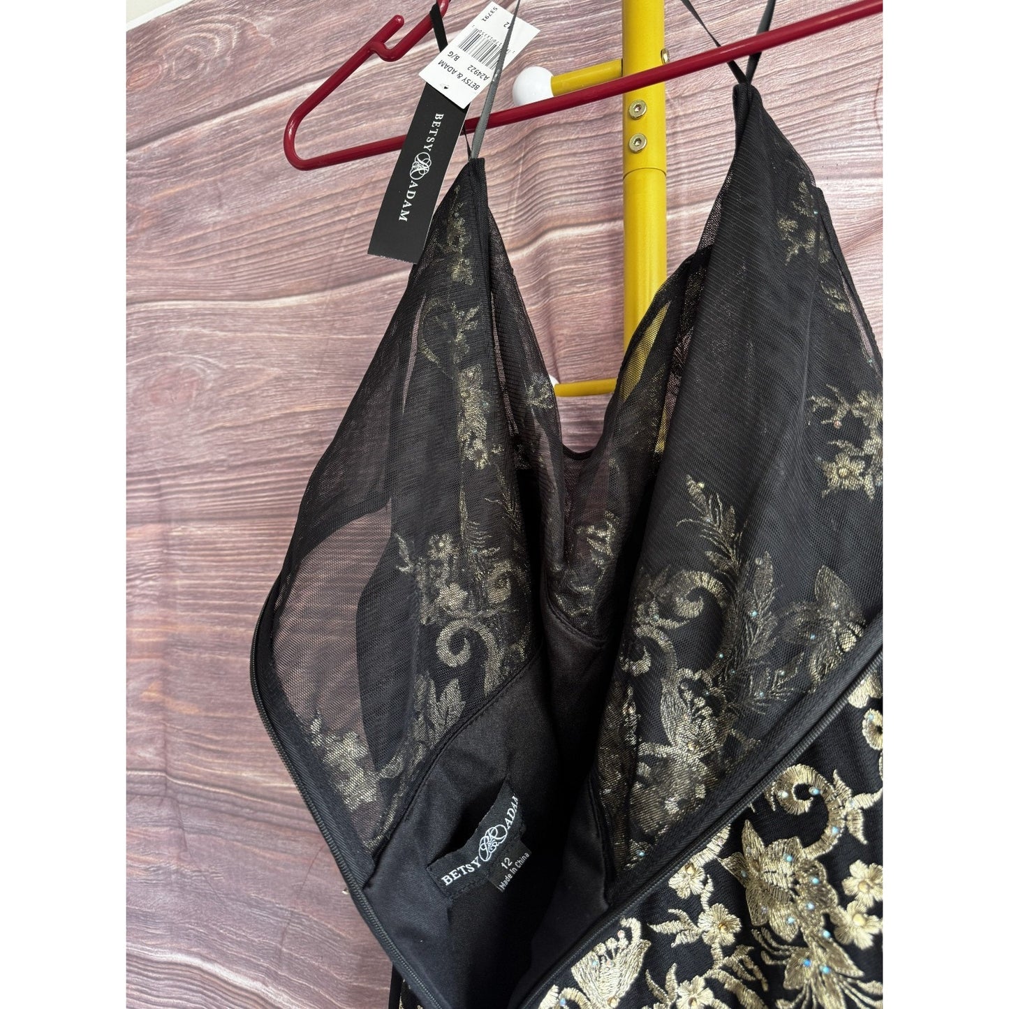 Betsy & Adam Size 12 Black w/ Gold Embroidered Chiffon Evening Gown Dress