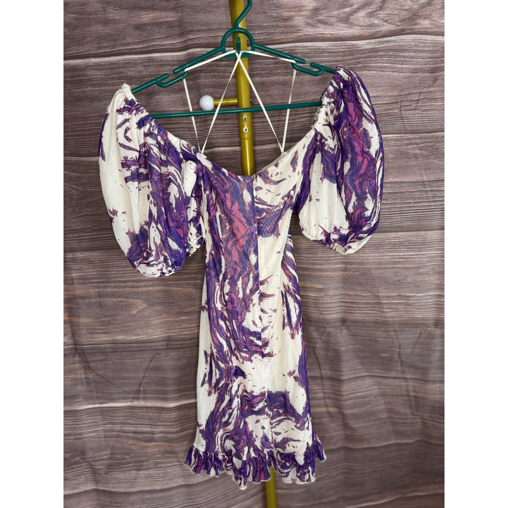 Slate & Willow Size XS Purple Swirl Mini Dress w/ Puff Sleeves