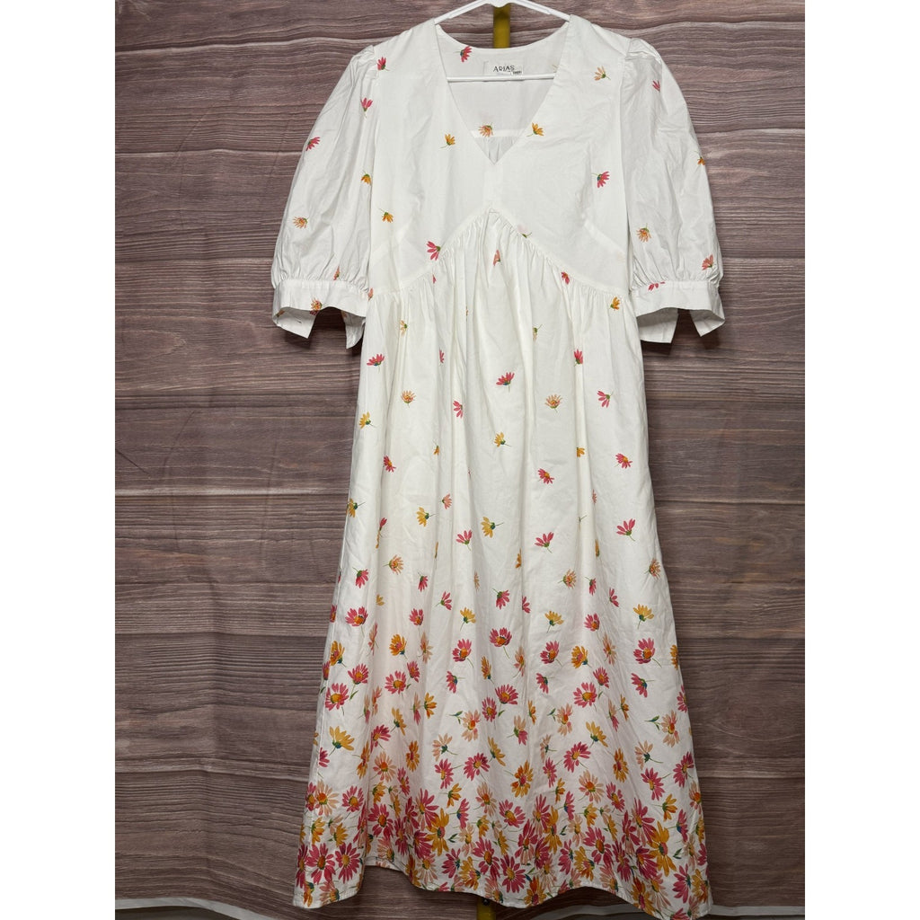 ARIAS New York White Floral Gathered Midi Dress Size 6