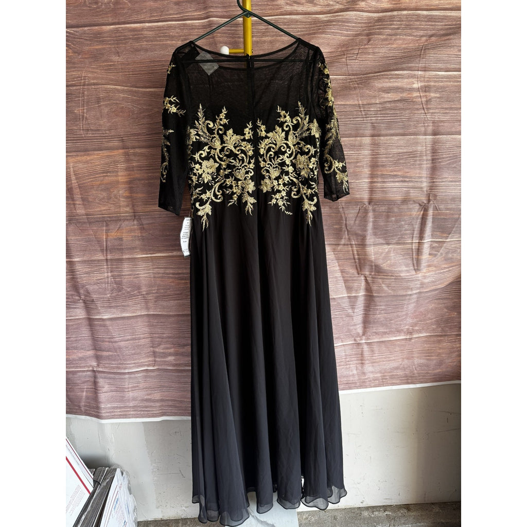 Betsy & Adam Size 12 Black w/ Gold Embroidered Chiffon Evening Gown Dress