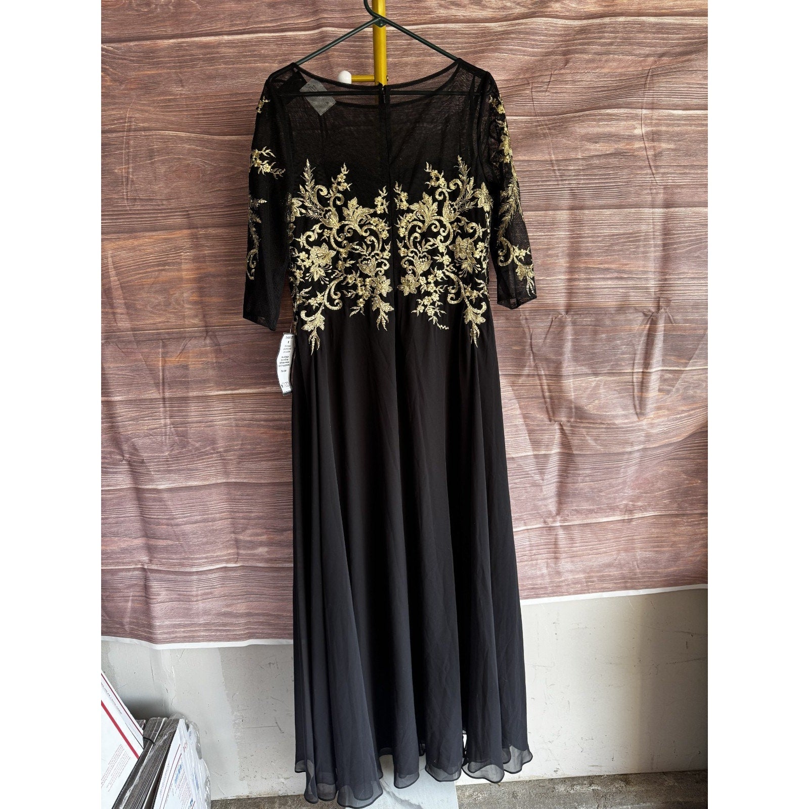 Betsy & Adam Size 12 Black w/ Gold Embroidered Chiffon Evening Gown Dress