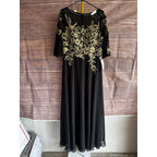 Betsy & Adam Size 12 Black w/ Gold Embroidered Chiffon Evening Gown Dress
