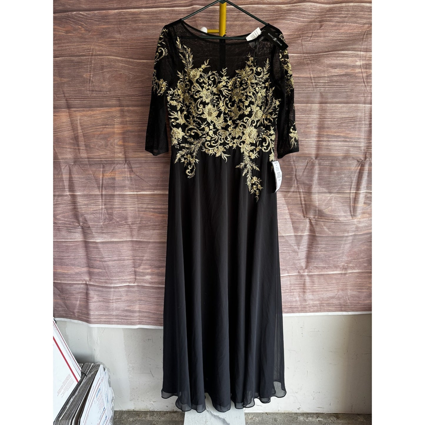 Betsy & Adam Size 12 Black w/ Gold Embroidered Chiffon Evening Gown Dress