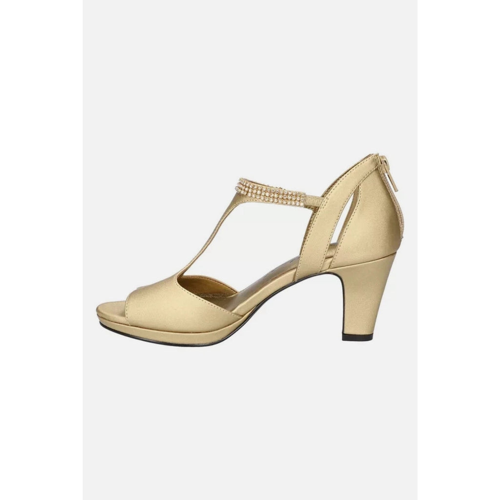 Easy Street Alive 5 Gold Size 7.5W Jeweled Open Toe T-Strap Ballroom Dance Heels