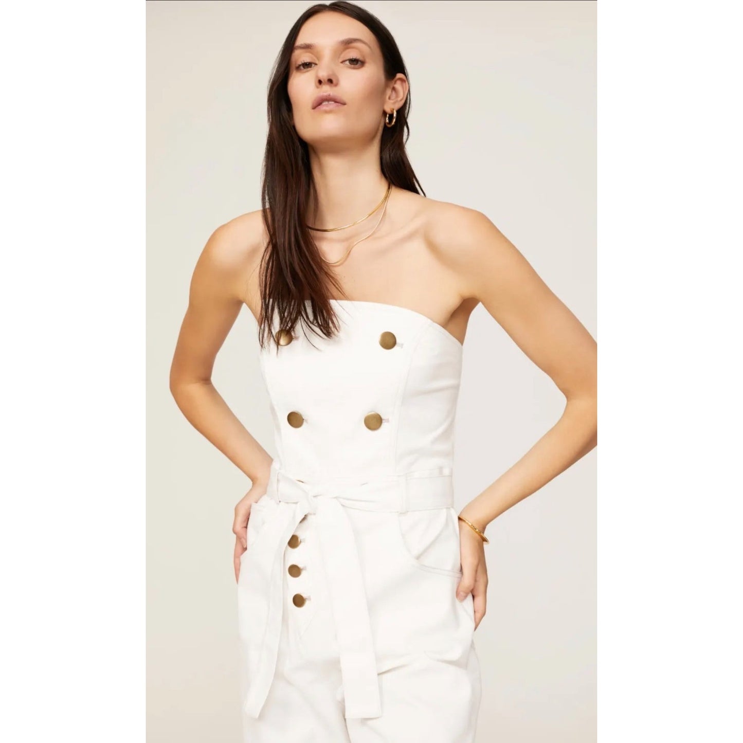 Marissa Webb Size 8 Strapless Denim Jumpsuit White w/ Copper Buttons