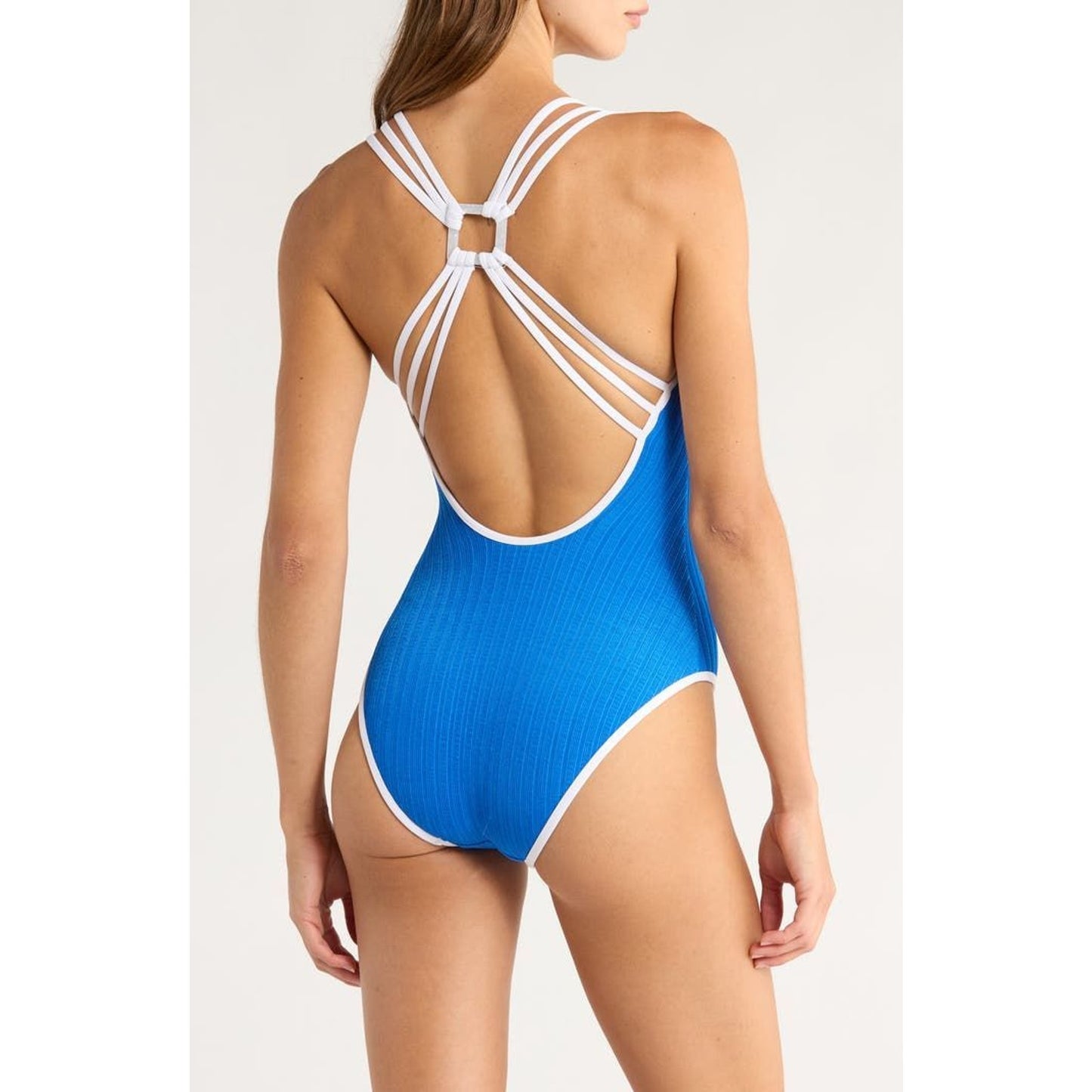 BECCA Size M Coral Ribbed Crush Blue & White One-Piece Swimsuit