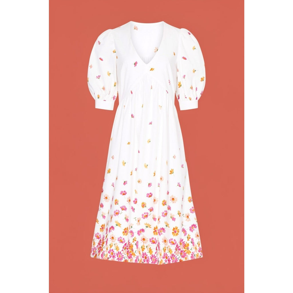 ARIAS New York White Floral Gathered Midi Dress Size 6