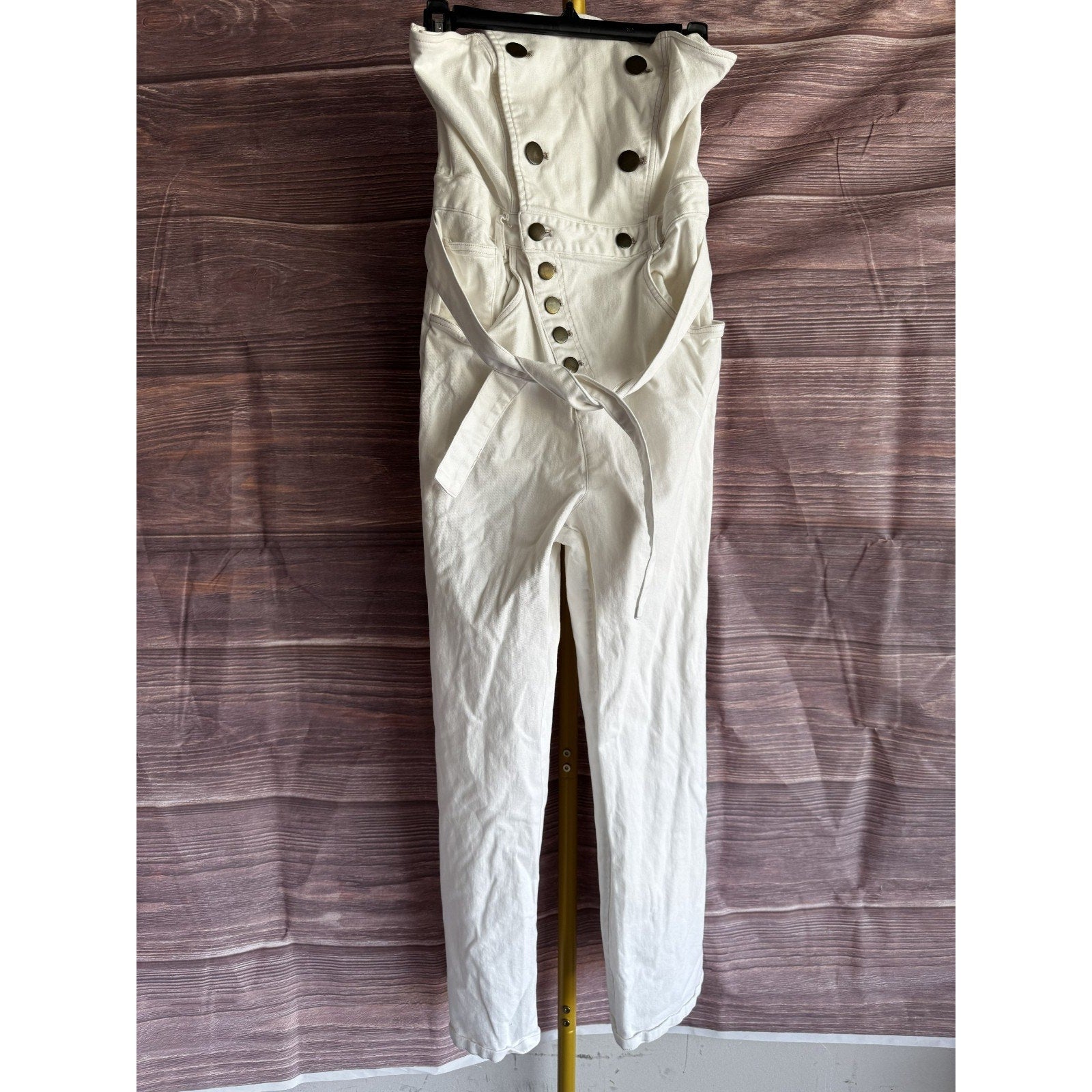 Marissa Webb Size 8 Strapless Denim Jumpsuit White w/ Copper Buttons