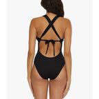 BECCA Size M Black Ribbed Modern Edge Lace-Up Plunge One-Piece Swimsuit