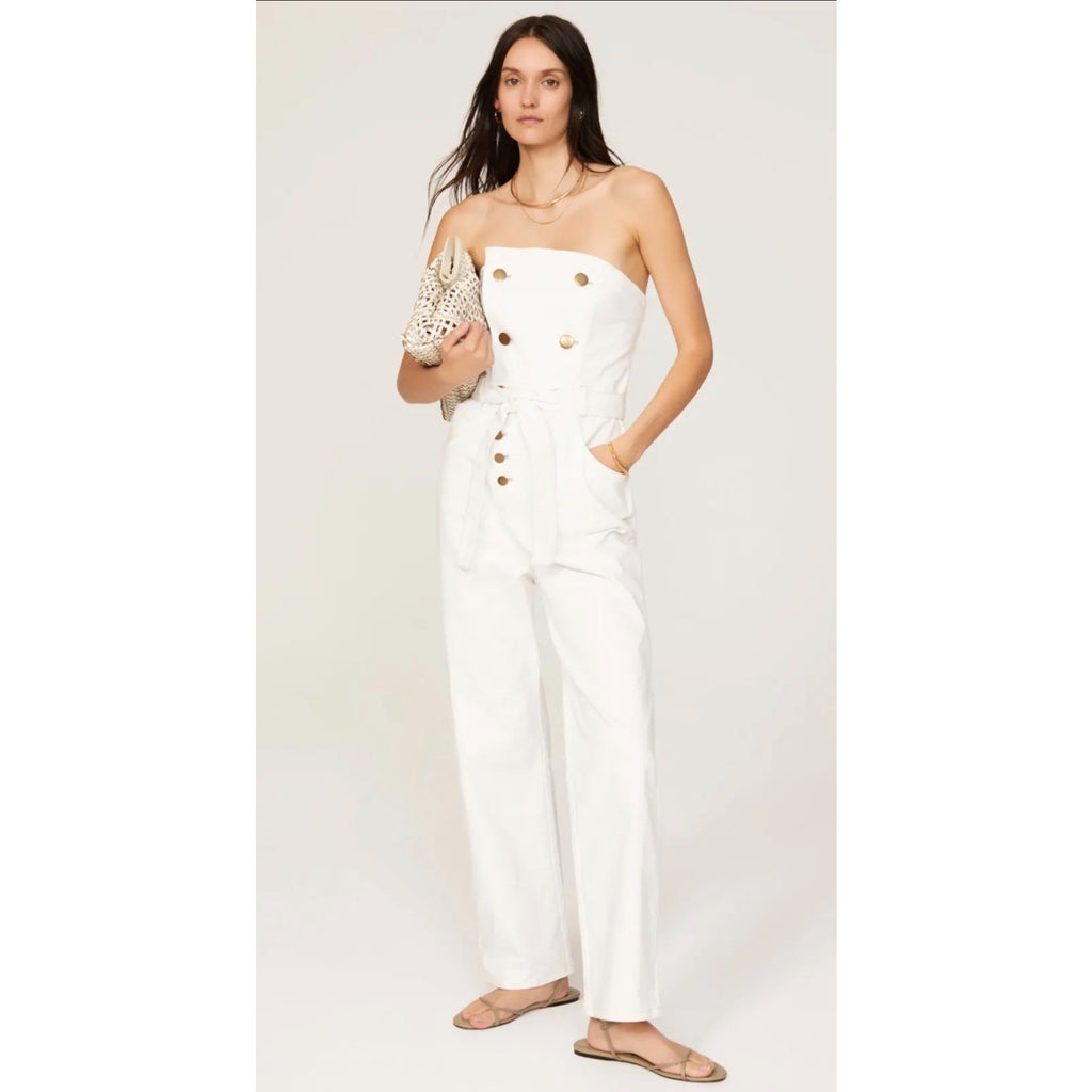 Marissa Webb Size 8 Strapless Denim Jumpsuit White w/ Copper Buttons