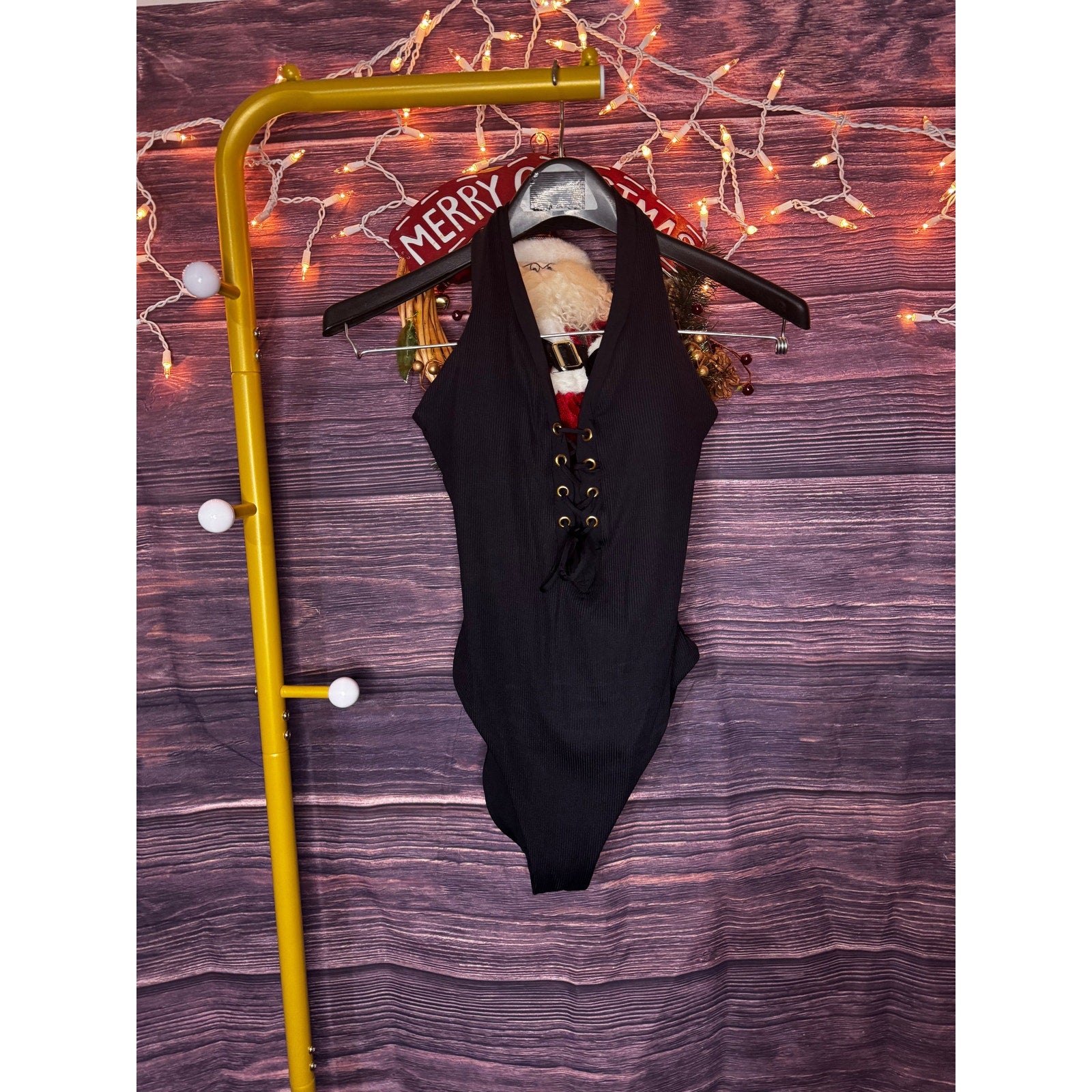 BECCA Size M Black Ribbed Modern Edge Lace-Up Plunge One-Piece Swimsuit