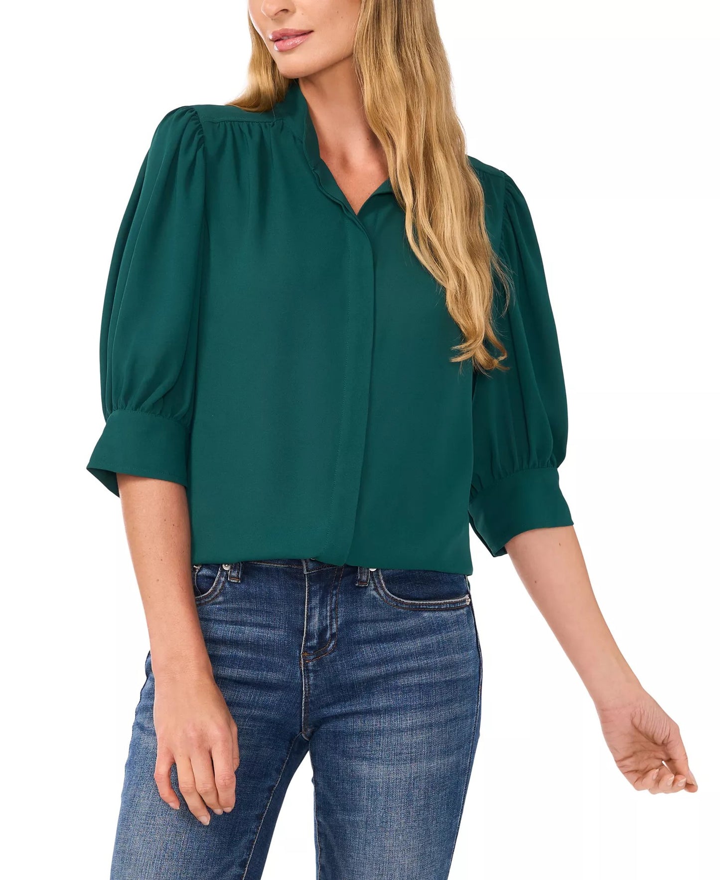 CeCe Women's Size S 3/4-Sleeve Collared Button-Down Top