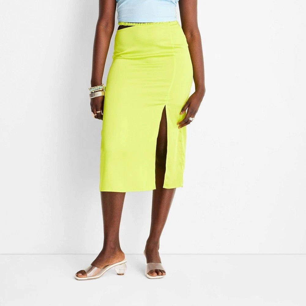 Future Collective Anani Noelle Neon Green Women's Size 10 Side Cut Out Midi Skirt