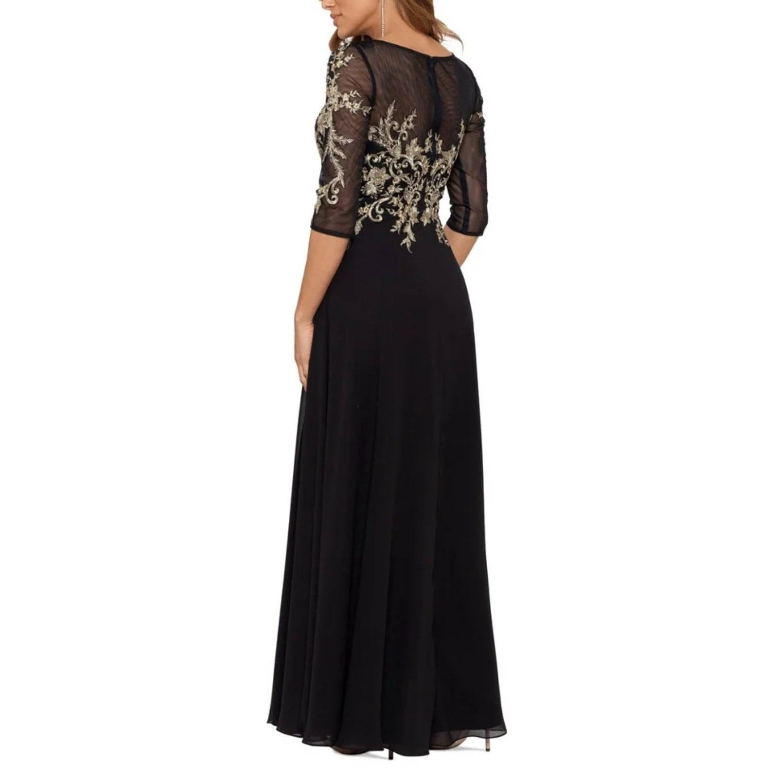 Betsy & Adam Size 12 Black w/ Gold Embroidered Chiffon Evening Gown Dress