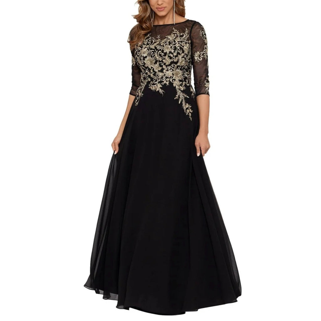 Betsy & Adam Size 12 Black w/ Gold Embroidered Chiffon Evening Gown Dress