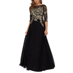 Betsy & Adam Size 12 Black w/ Gold Embroidered Chiffon Evening Gown Dress