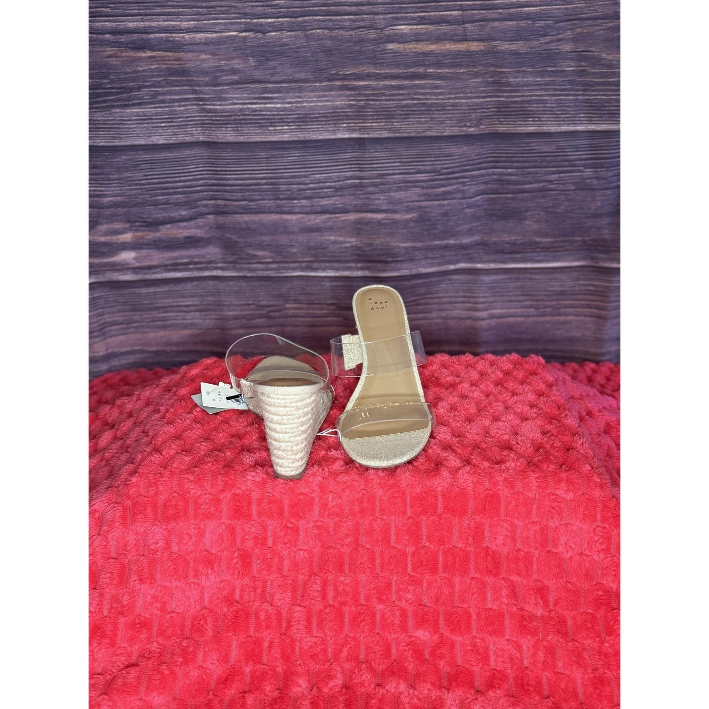 A New Day Ansel Espadrille Clear Double Strap Wedge Heel Sandals w/ Memory Foam