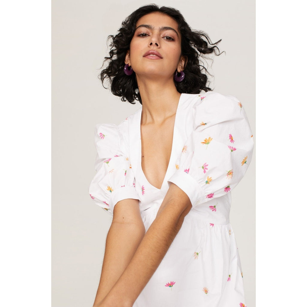 ARIAS New York White Floral Gathered Midi Dress Size 6