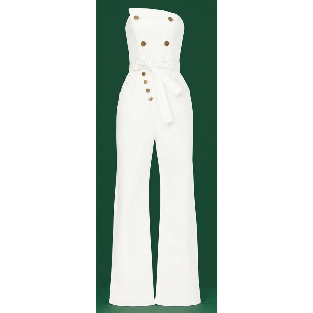 Marissa Webb Size 8 Strapless Denim Jumpsuit White w/ Copper Buttons