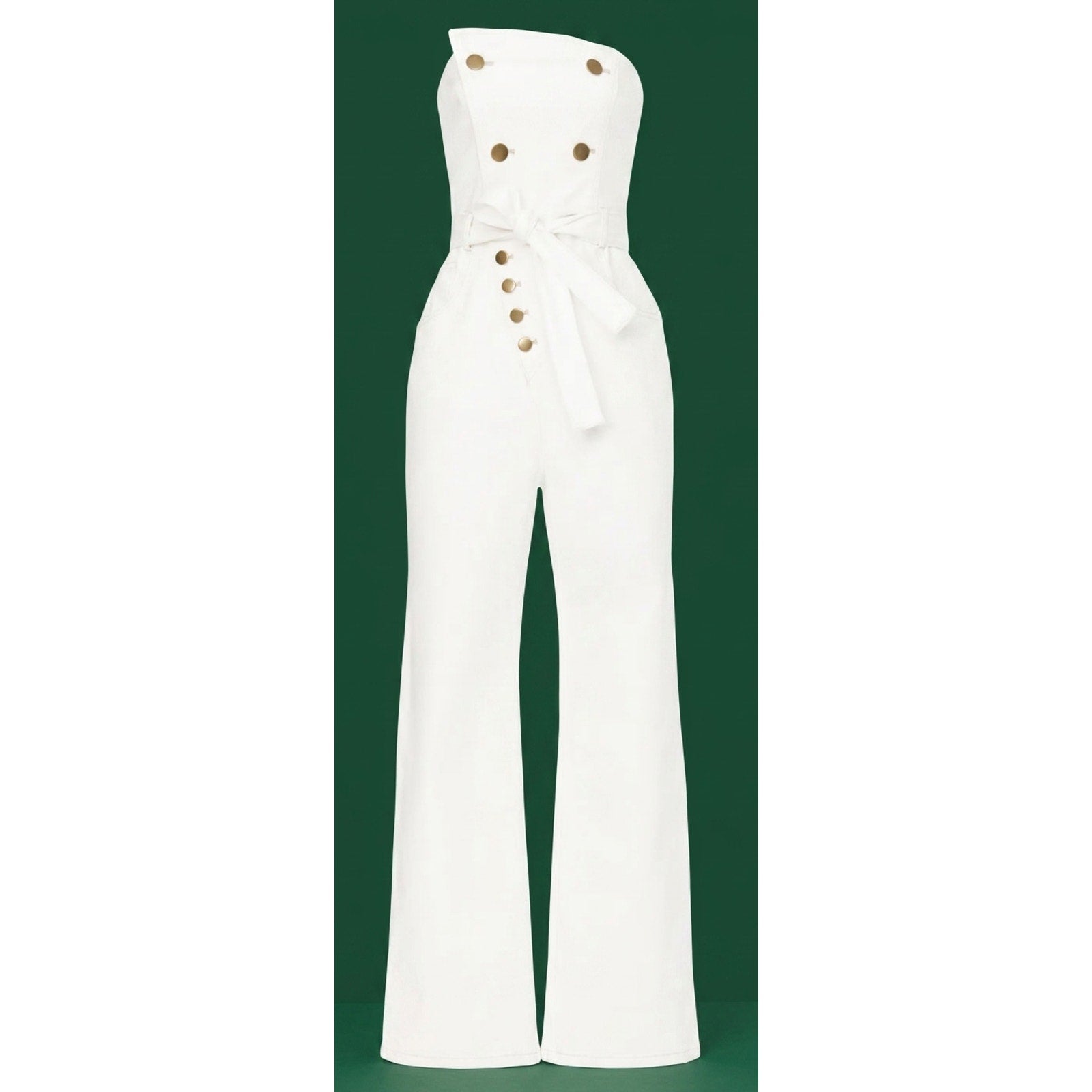 Marissa Webb Size 8 Strapless Denim Jumpsuit White w/ Copper Buttons