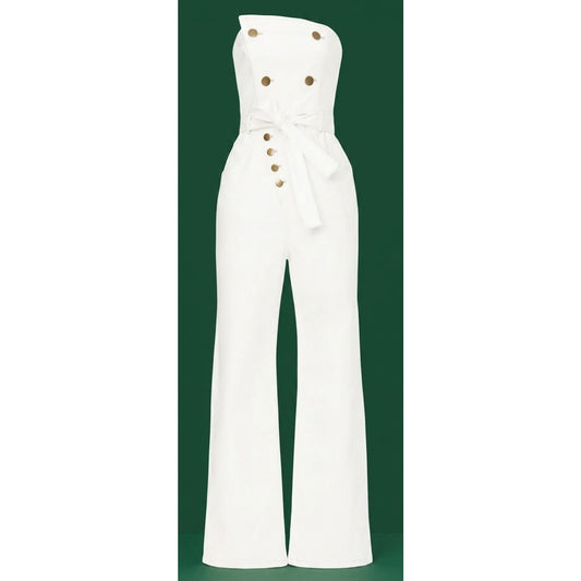 Marissa Webb Size 8 Strapless Denim Jumpsuit White w/ Copper Buttons