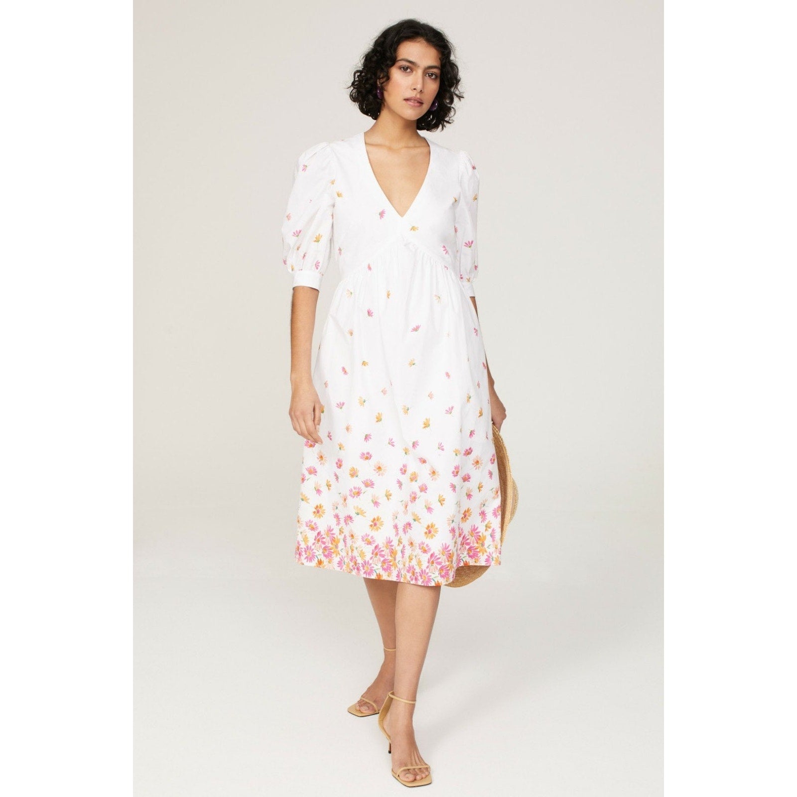 ARIAS New York White Floral Gathered Midi Dress Size 6
