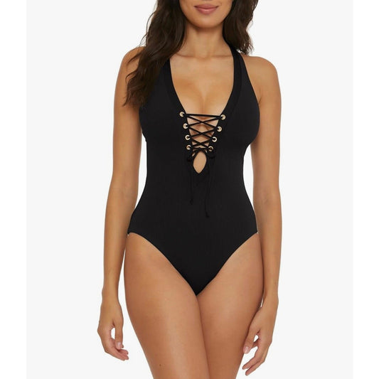 BECCA Size M Black Ribbed Modern Edge Lace-Up Plunge One-Piece Swimsuit